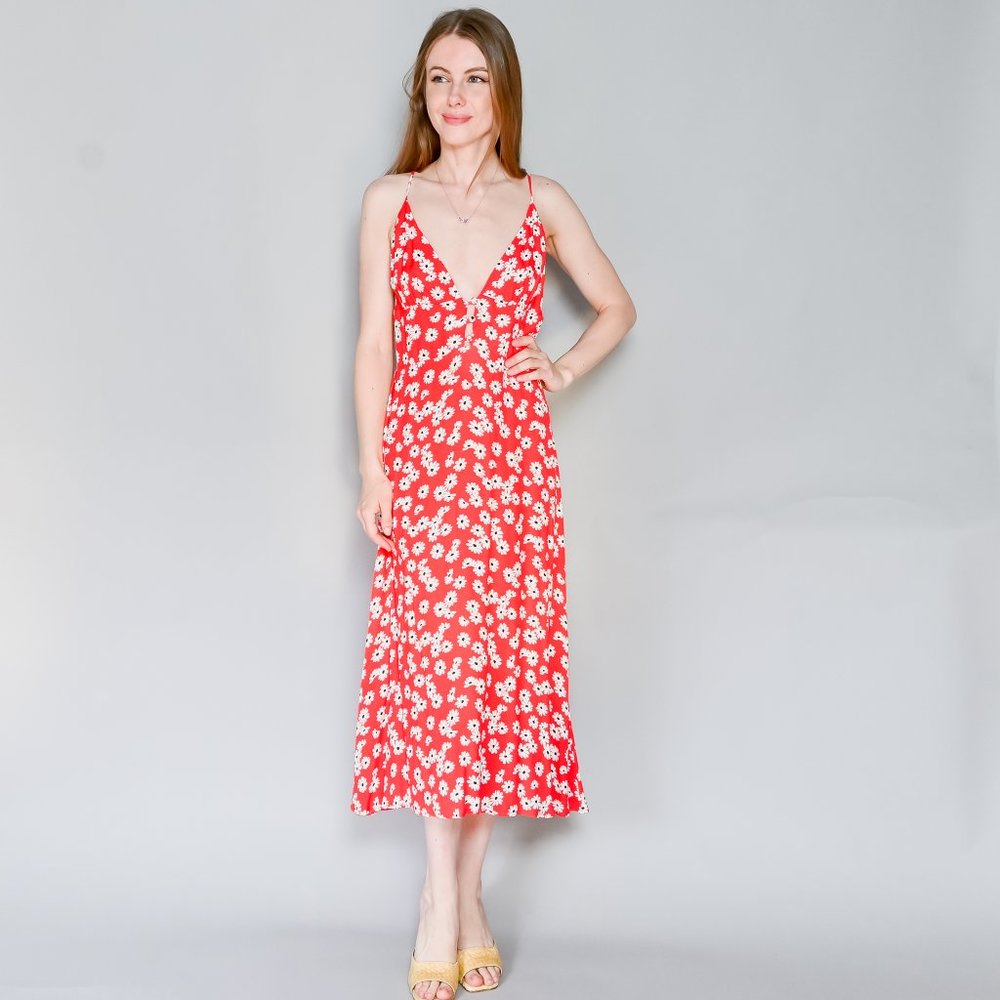 REFORMATION Red Floral Print V-Neck Midi Dress - Picture 6 of 6